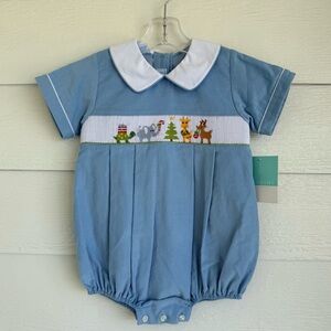 Anavini Baby Blue Corduroy Smocked Bubble Romper Christmas Embroidery 24 Months